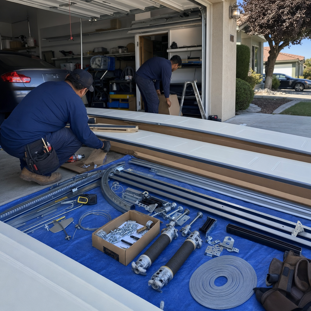 Garage door installation in progress by professional technicians.