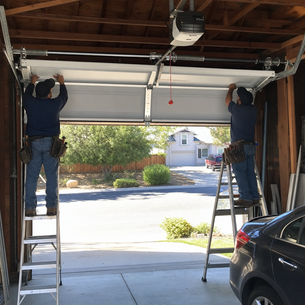 Garage door installation service by two professional technicians.