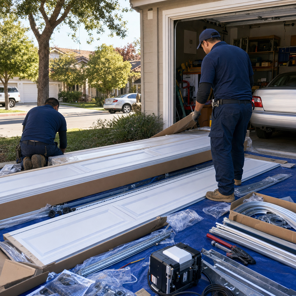 Garage door installation in progress with professionals and parts laid out