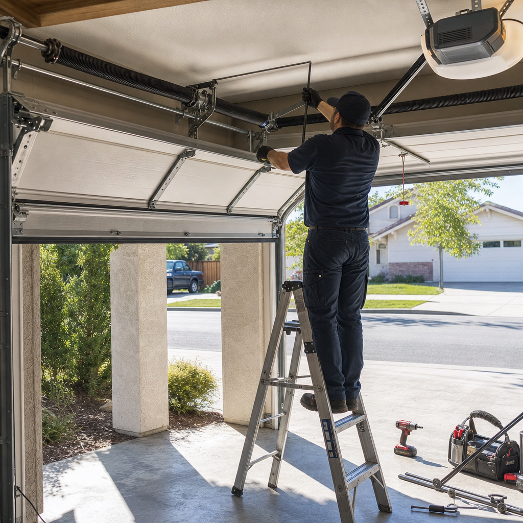 Garage door technician repairing overhead door system