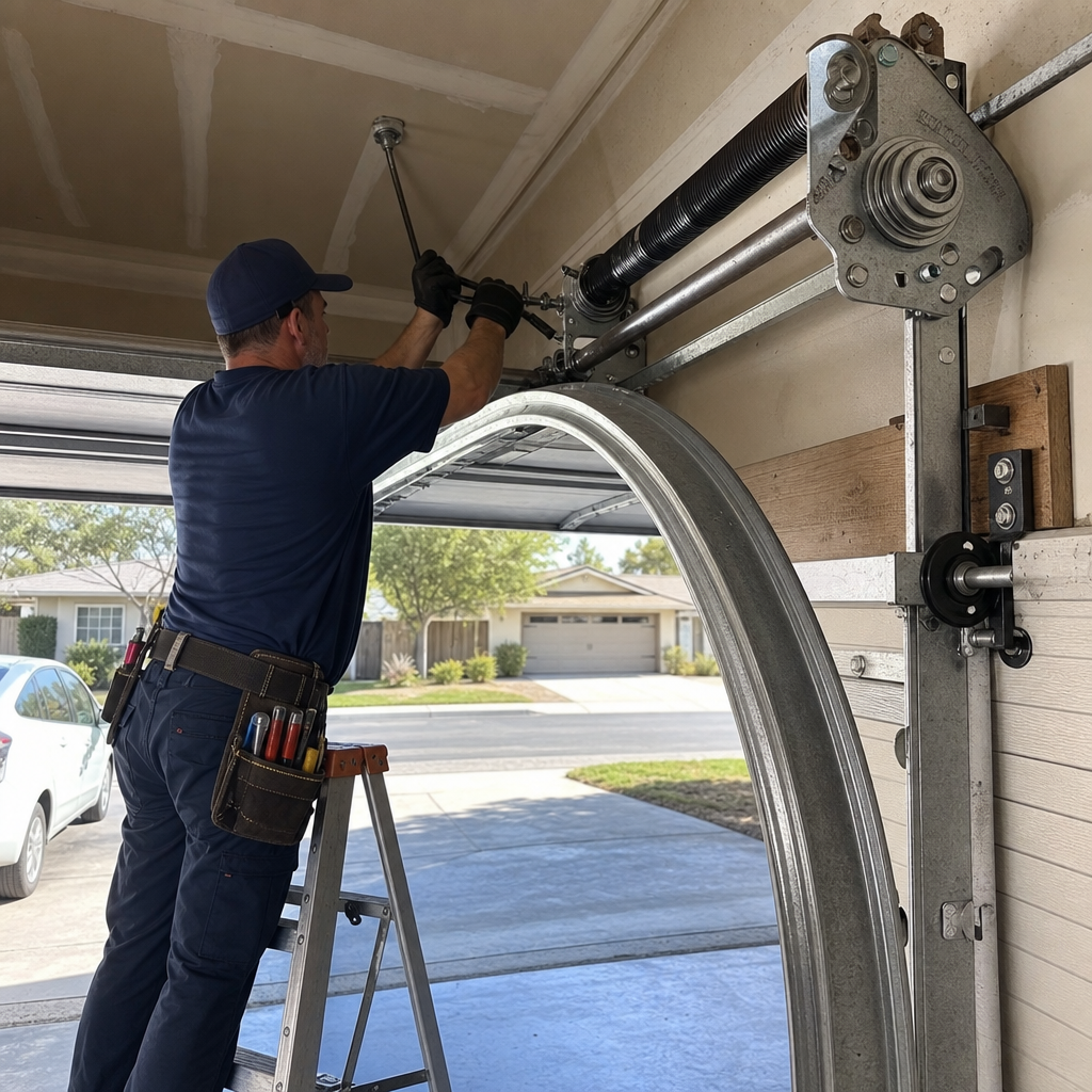 Garage door technician fixing torsion spring emergency repair in Berkeley, CA